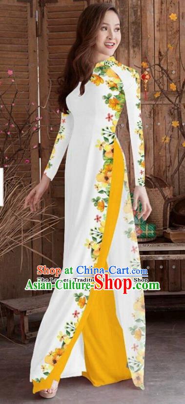 Asian Vietnam Traditional Printing Cheongsam Vietnamese White Ao Dai Qipao Dress for Women