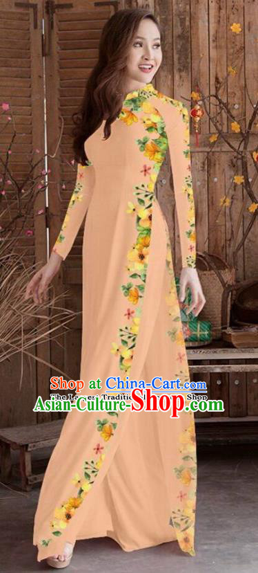 Asian Vietnam Traditional Printing Cheongsam Vietnamese Champagne Ao Dai Qipao Dress for Women