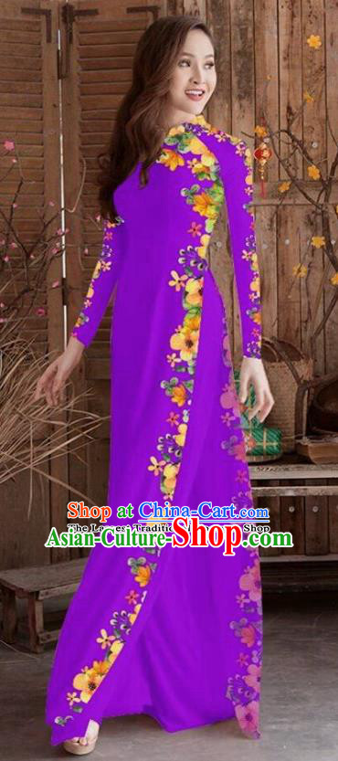 Asian Vietnam Traditional Printing Vietnamese Purple Ao Dai Qipao Dress for Women