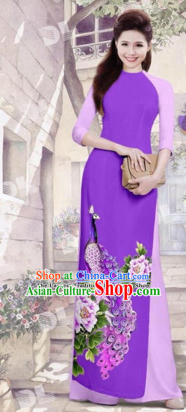 Asian Vietnam Traditional Purple Cheongsam Vietnamese Printing Peacock Ao Dai Qipao Dress for Women