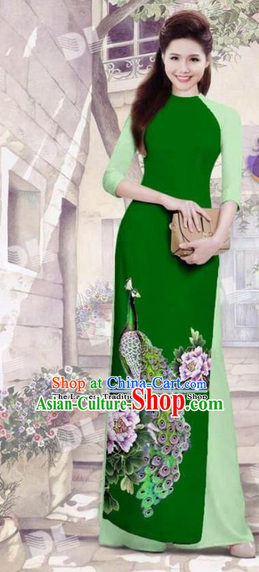 Asian Vietnam Traditional Deep Green Cheongsam Vietnamese Printing Peacock Ao Dai Qipao Dress for Women