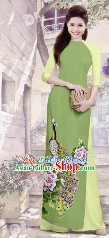 Asian Vietnam Traditional Olive Green Cheongsam Vietnamese Printing Peacock Ao Dai Qipao Dress for Women