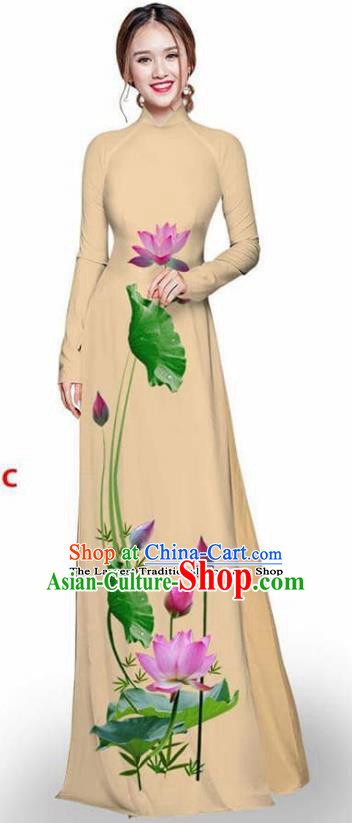 Asian Vietnam Traditional Khaki Cheongsam Vietnamese Printing Lotus Ao Dai Qipao Dress for Women