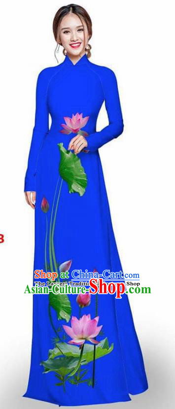 Asian Vietnam Traditional Royalblue Cheongsam Vietnamese Printing Lotus Ao Dai Qipao Dress for Women