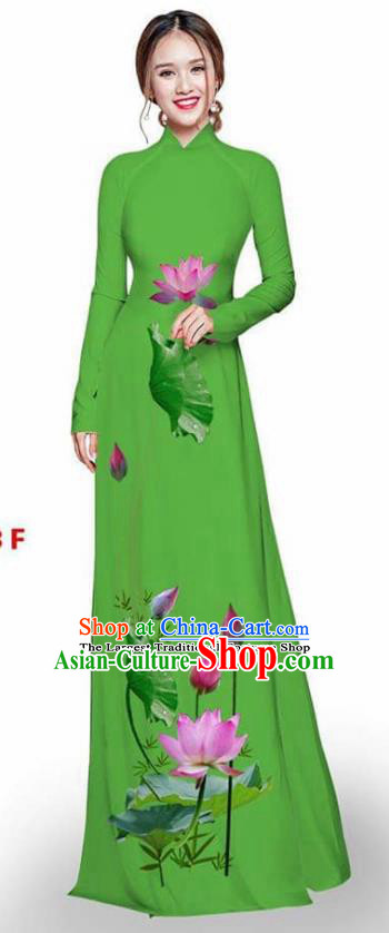 Asian Vietnam Traditional Green Cheongsam Vietnamese Printing Lotus Ao Dai Qipao Dress for Women