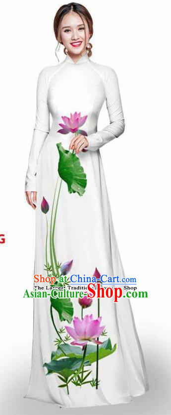 Asian Vietnam Traditional White Cheongsam Vietnamese Printing Lotus Ao Dai Qipao Dress for Women