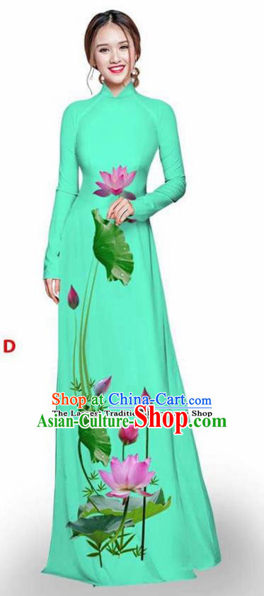 Asian Vietnam Traditional Light Green Cheongsam Vietnamese Printing Lotus Ao Dai Qipao Dress for Women