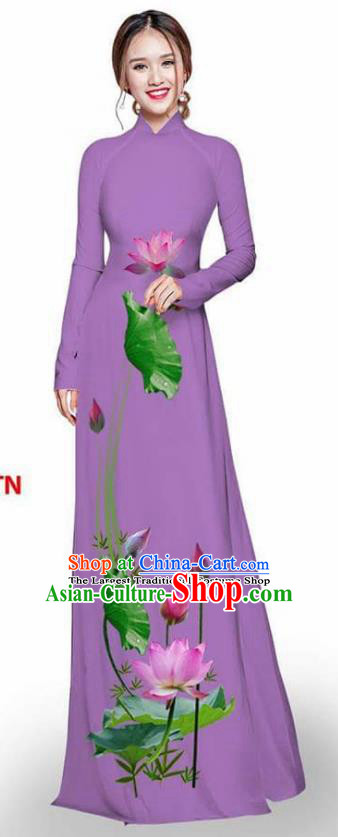 Asian Vietnam Traditional Light Purple Cheongsam Vietnamese Printing Lotus Ao Dai Qipao Dress for Women