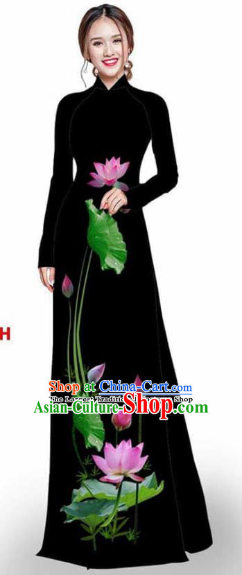 Asian Vietnam Traditional Black Cheongsam Vietnamese Printing Lotus Ao Dai Qipao Dress for Women