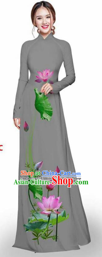Asian Vietnam Traditional Grey Cheongsam Vietnamese Printing Lotus Ao Dai Qipao Dress for Women