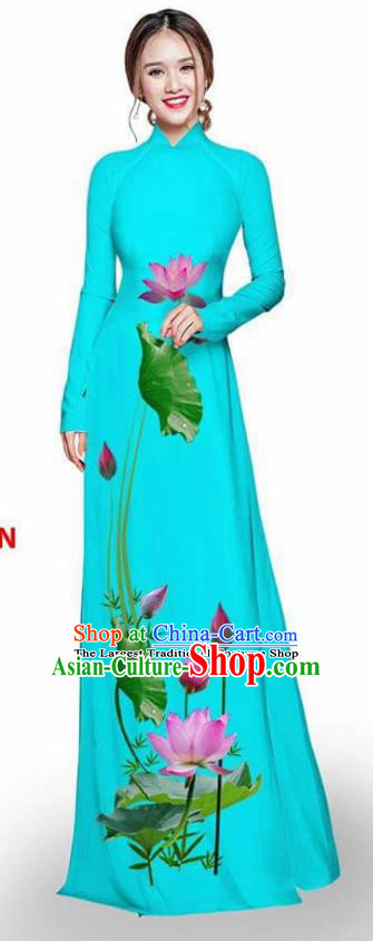 Asian Vietnam Traditional Blue Cheongsam Vietnamese Printing Lotus Ao Dai Qipao Dress for Women