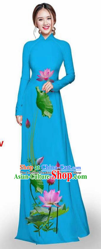 Asian Vietnam Traditional Lake Blue Cheongsam Vietnamese Printing Lotus Ao Dai Qipao Dress for Women
