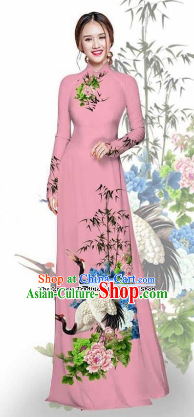 Asian Vietnam Traditional Printing Crane Peony Pink Cheongsam Vietnamese Ao Dai Qipao Dress for Women