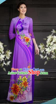 Asian Vietnam Traditional Printing Purple Cheongsam Vietnamese Ao Dai Qipao Dress for Women