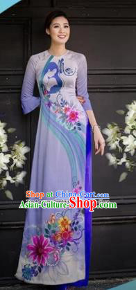 Asian Vietnam Traditional Printing Lilac Cheongsam Vietnamese Ao Dai Qipao Dress for Women