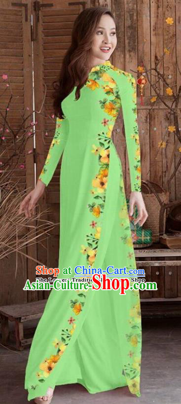 Asian Vietnam Traditional Printing Cheongsam Vietnamese Light Green Ao Dai Qipao Dress for Women