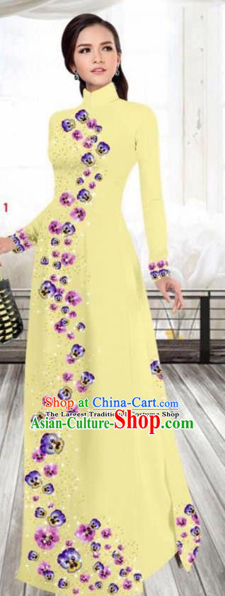 Asian Vietnam Traditional Female Costume Vietnamese Printing Yellow Cheongsam Ao Dai Qipao Dress for Women