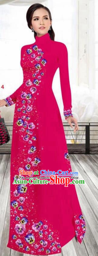 Asian Vietnam Traditional Female Costume Vietnamese Printing Rosy Cheongsam Ao Dai Qipao Dress for Women