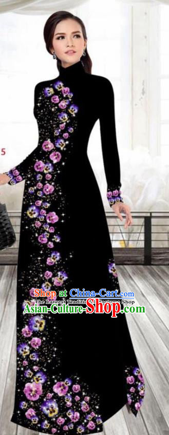 Asian Vietnam Traditional Female Costume Vietnamese Printing Black Cheongsam Ao Dai Qipao Dress for Women