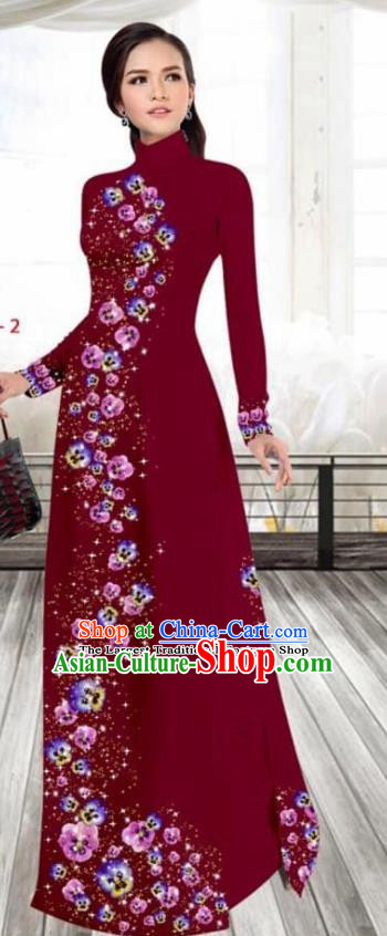 Asian Vietnam Traditional Female Costume Vietnamese Printing Purplish Red Cheongsam Ao Dai Qipao Dress for Women