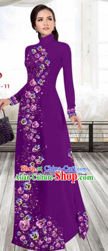 Asian Vietnam Traditional Female Costume Vietnamese Printing Purple Cheongsam Ao Dai Qipao Dress for Women