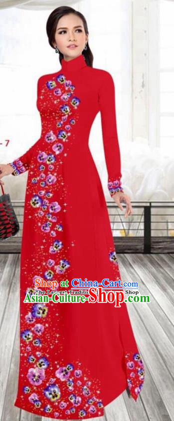 Asian Vietnam Traditional Female Costume Vietnamese Printing Red Cheongsam Ao Dai Qipao Dress for Women