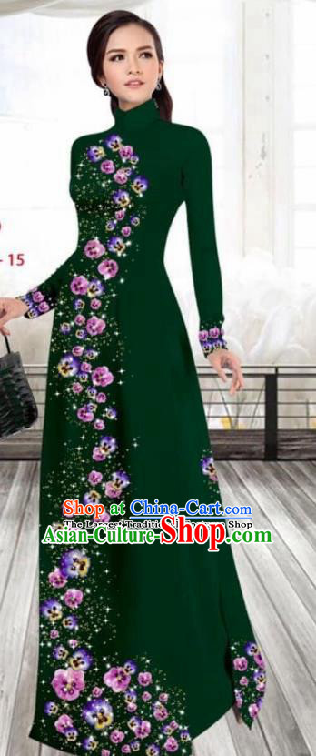 Asian Vietnam Traditional Female Costume Vietnamese Printing Deep Green Cheongsam Ao Dai Qipao Dress for Women