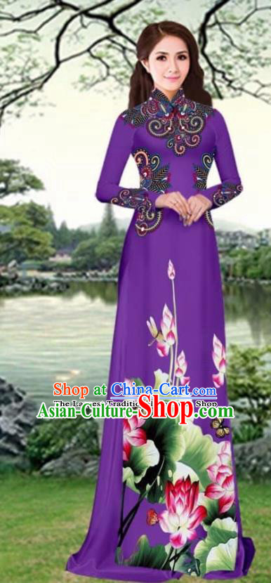 Asian Traditional Vietnam Female Costume Vietnamese Printing Lotus Purple Cheongsam Ao Dai Qipao Dress for Women