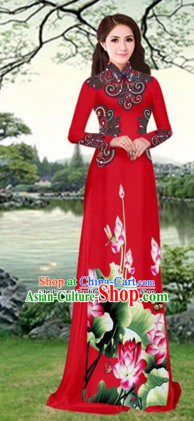 Asian Traditional Vietnam Female Costume Vietnamese Printing Lotus Red Cheongsam Ao Dai Qipao Dress for Women