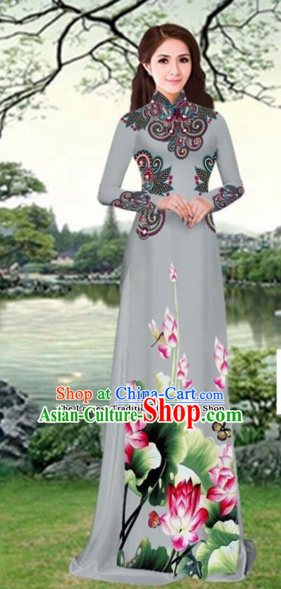 Asian Traditional Vietnam Female Costume Vietnamese Printing Lotus Grey Cheongsam Ao Dai Qipao Dress for Women