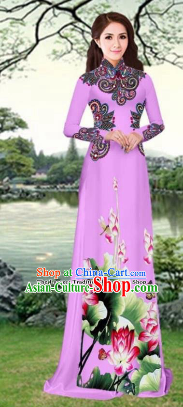 Asian Traditional Vietnam Female Costume Vietnamese Printing Lotus Lilac Cheongsam Ao Dai Qipao Dress for Women