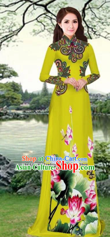 Asian Traditional Vietnam Female Costume Vietnamese Printing Lotus Olive Green Cheongsam Ao Dai Qipao Dress for Women