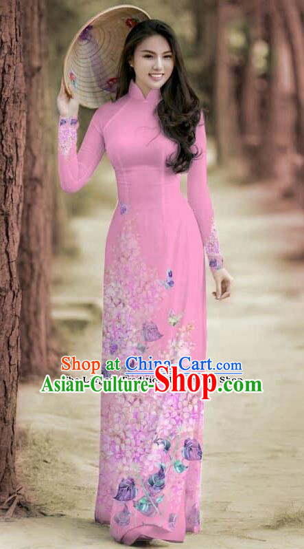 Asian Traditional Vietnam Female Costume Vietnamese Bride Cheongsam Pink Ao Dai Qipao Dress for Women