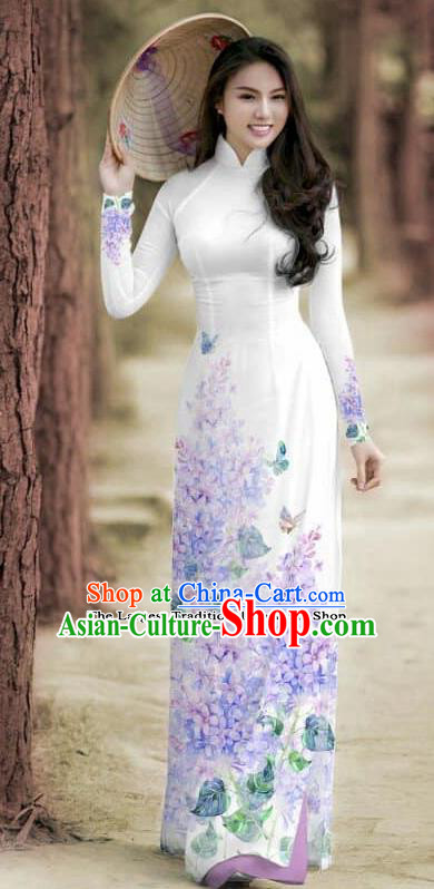 Asian Traditional Vietnam Female Costume Vietnamese Bride Cheongsam White Ao Dai Qipao Dress for Women