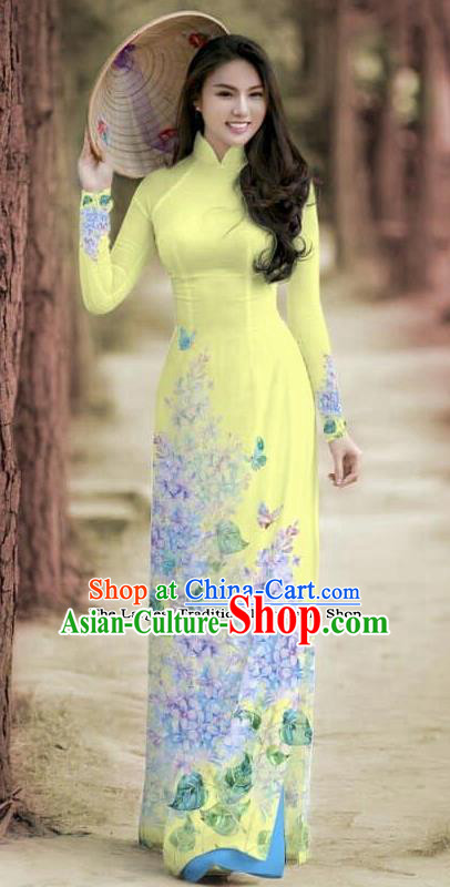 Asian Traditional Vietnam Female Costume Vietnamese Bride Cheongsam Yellow Ao Dai Qipao Dress for Women