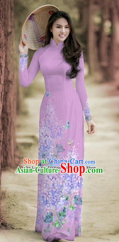 Asian Traditional Vietnam Female Costume Vietnamese Bride Cheongsam Lilac Ao Dai Qipao Dress for Women