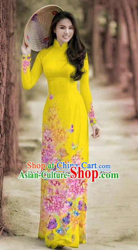 Asian Traditional Vietnam Female Costume Vietnamese Bride Cheongsam Bright Yellow Ao Dai Qipao Dress for Women