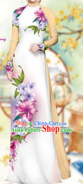 Asian Traditional Vietnam Female Costume Vietnamese Bride White Cheongsam Ao Dai Qipao Dress for Women