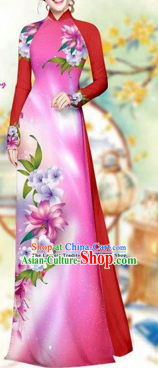 Asian Traditional Vietnam Female Costume Vietnamese Bride Rosy Cheongsam Ao Dai Qipao Dress for Women