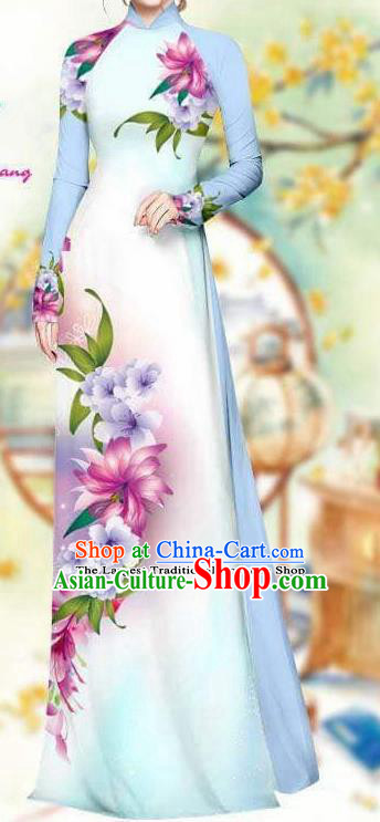 Asian Traditional Vietnam Female Costume Vietnamese Bride Light Blue Cheongsam Ao Dai Qipao Dress for Women