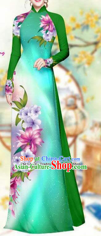 Asian Traditional Vietnam Female Costume Vietnamese Bride Deep Green Cheongsam Ao Dai Qipao Dress for Women