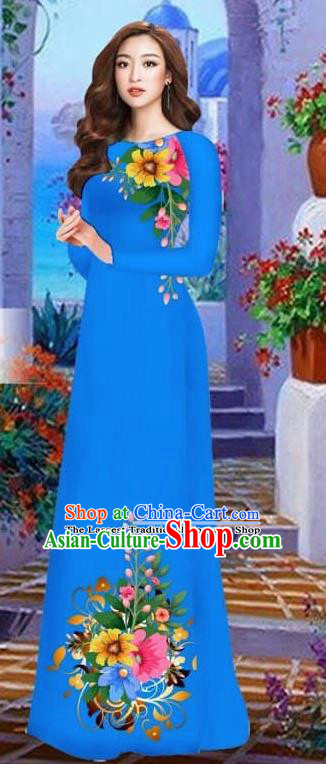 Asian Vietnam Traditional Female Costume Vietnamese Royalblue Cheongsam Printing Ao Dai Qipao Dress for Women