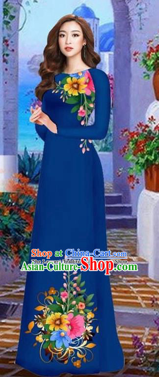 Asian Vietnam Traditional Female Costume Vietnamese Navy Cheongsam Printing Ao Dai Qipao Dress for Women