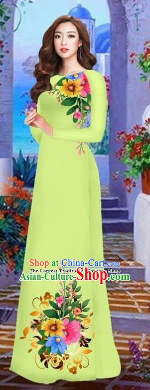 Asian Vietnam Traditional Female Costume Vietnamese Light Green Cheongsam Printing Ao Dai Qipao Dress for Women