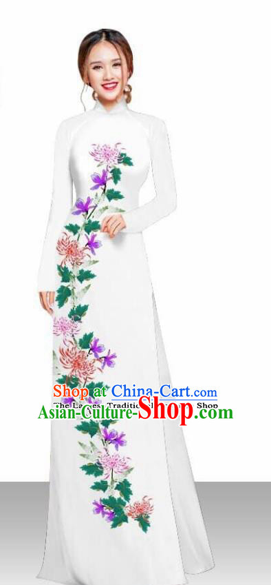 Asian Vietnam Traditional Female Costume Vietnamese Printing Chrysanthemum White Ao Dai Qipao Dress for Women