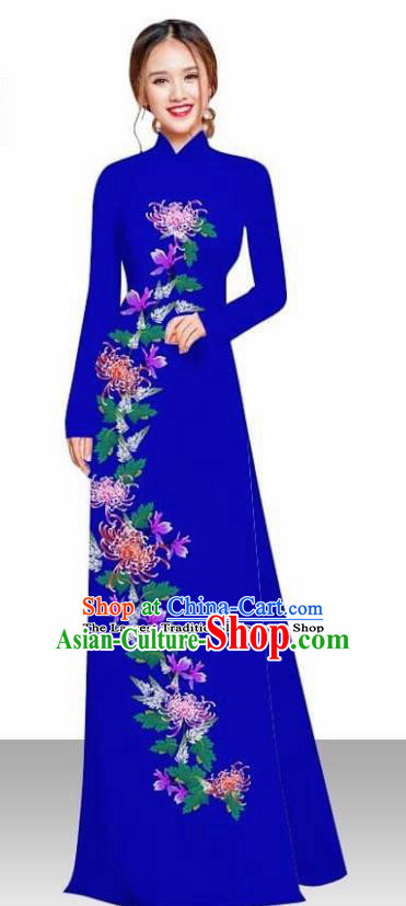 Asian Vietnam Traditional Female Costume Vietnamese Printing Chrysanthemum Royalblue Ao Dai Qipao Dress for Women