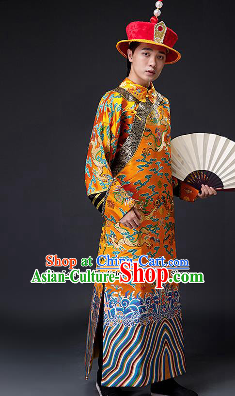 Chinese Ancient Drama Emperor Costumes Traditional Qing Dynasty Majesty Clothing and Hat for Men