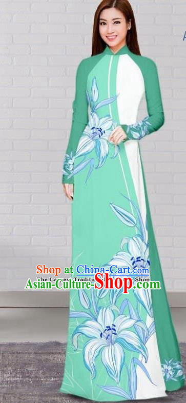 Asian Traditional Vietnam Costume Vietnamese Bride Green Cheongsam Ao Dai Qipao Dress for Women