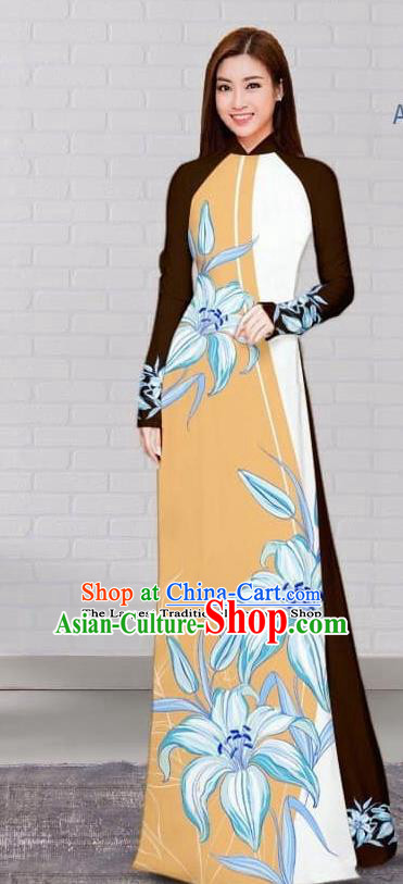 Asian Traditional Vietnam Costume Vietnamese Bride Khaki Cheongsam Ao Dai Qipao Dress for Women