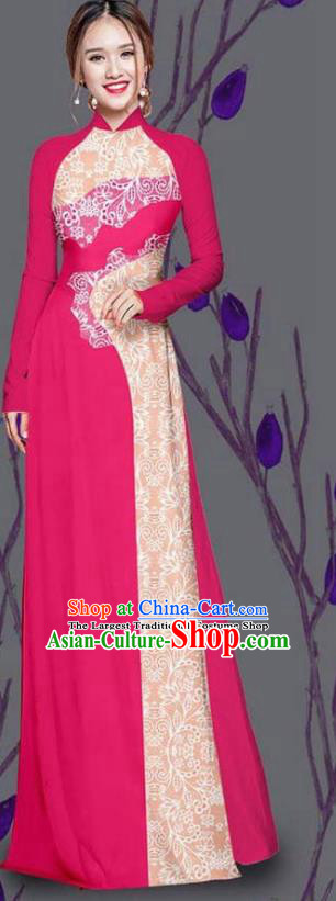 Asian Traditional Vietnam Costume Ao Dai Qipao Dress Vietnamese Bride Rosy Cheongsam for Women